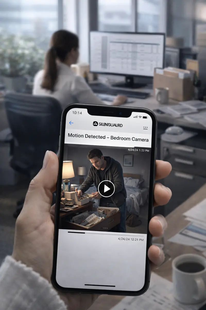 A Silent Guard motion alert on a phone at work, showing someone going through a bedroom
